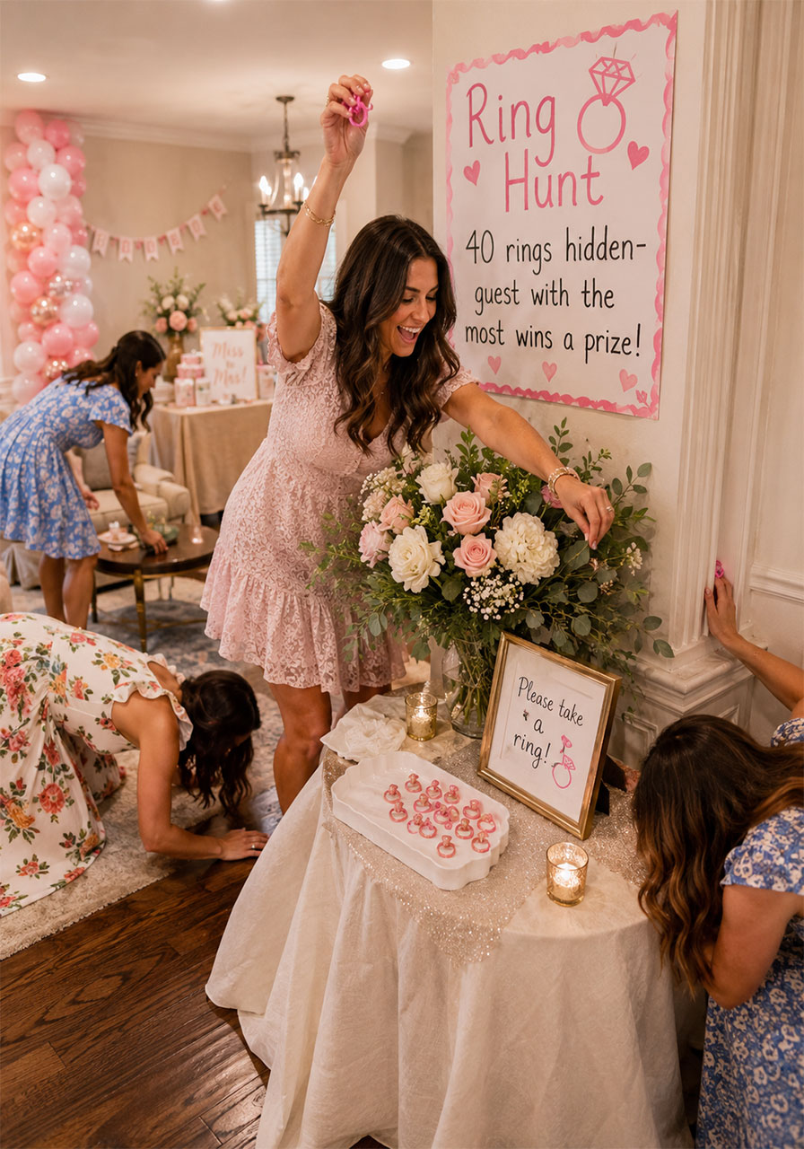 Bridal shower guests searching under tables and behind decorations for hidden plastic rings during the ring hunt bridal shower game