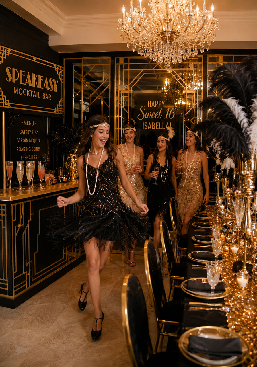 Teen girls in flapper dresses at Roaring 20s Gatsby themed Sweet 16 birthday party with gold decor