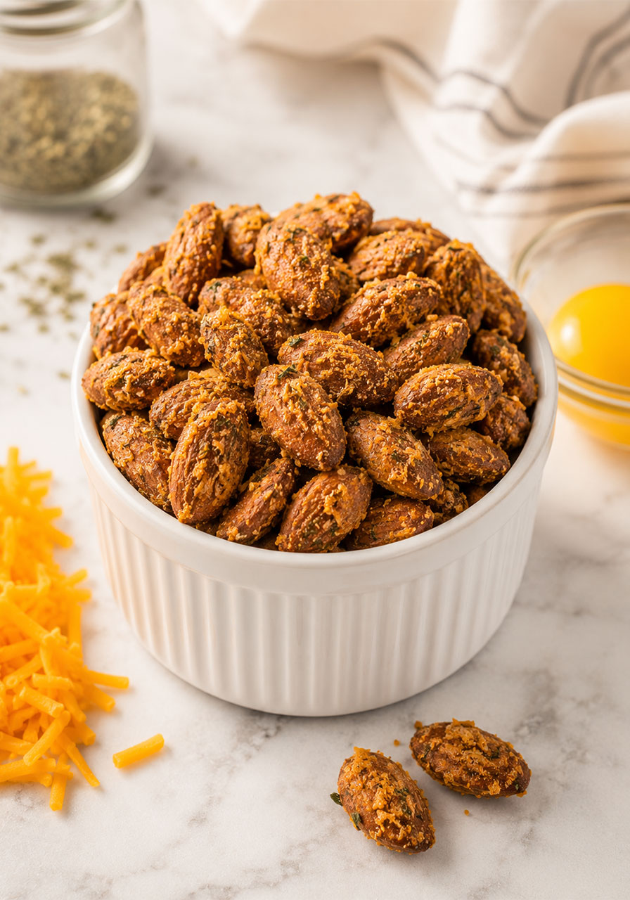 Roasted almonds with golden cheddar cheese and herb coating in a white ramekin for camping snacks
