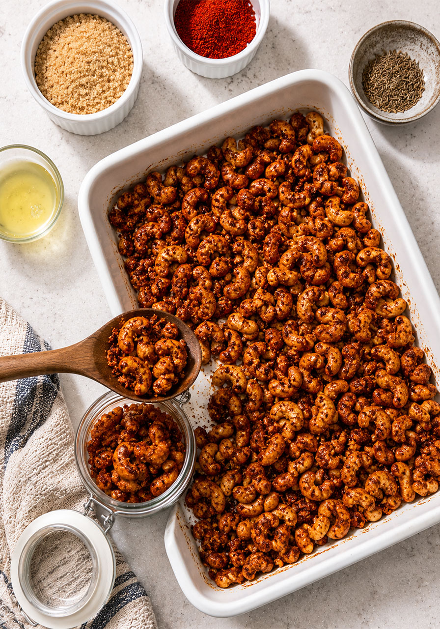Roasted whole cashews with cumin, chili powder, and sugar glaze on a baking pan for camping snack