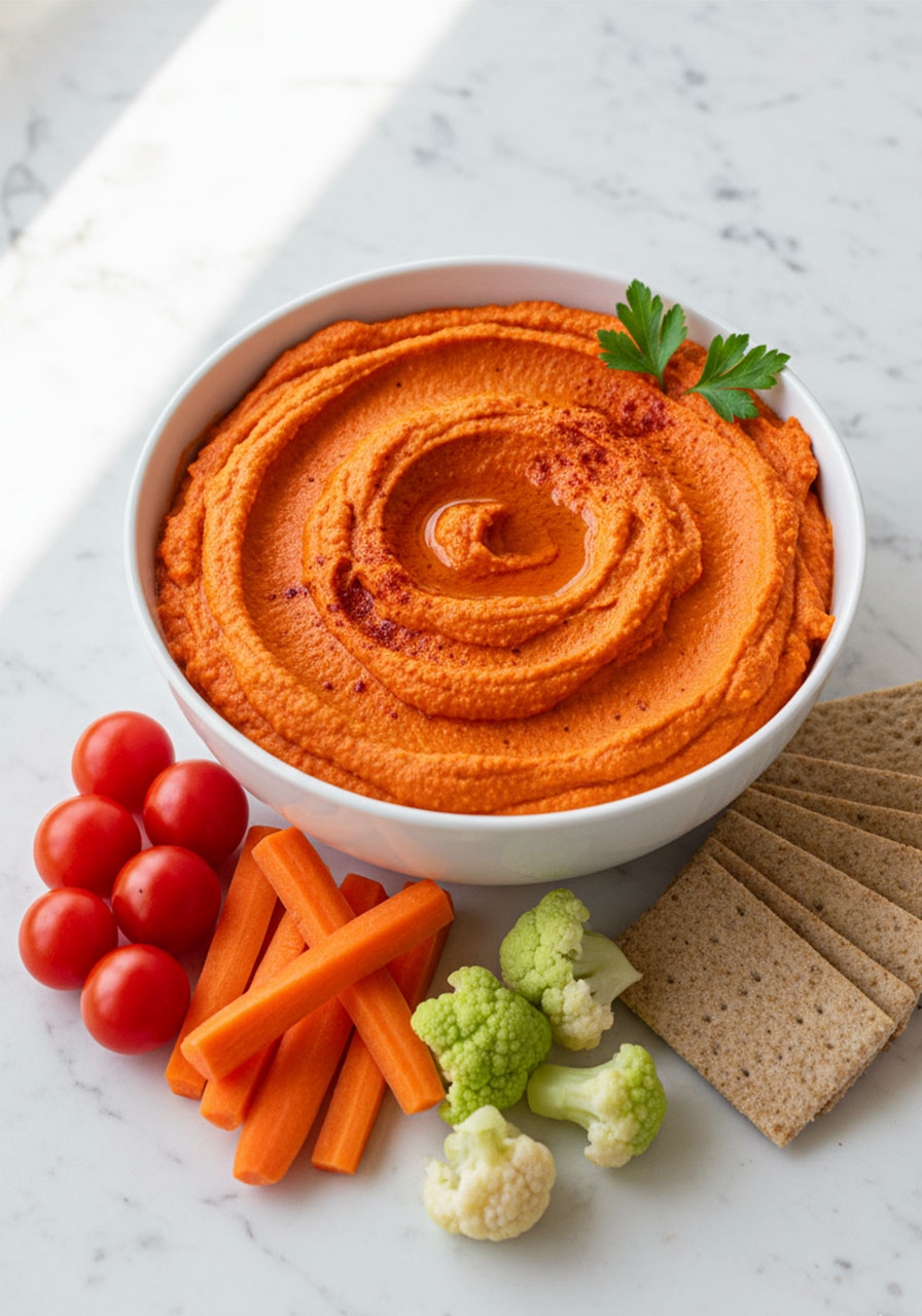 Roasted red pepper hummus with veggies and crackers on marble — healthy pool party snack dip for kids and adults