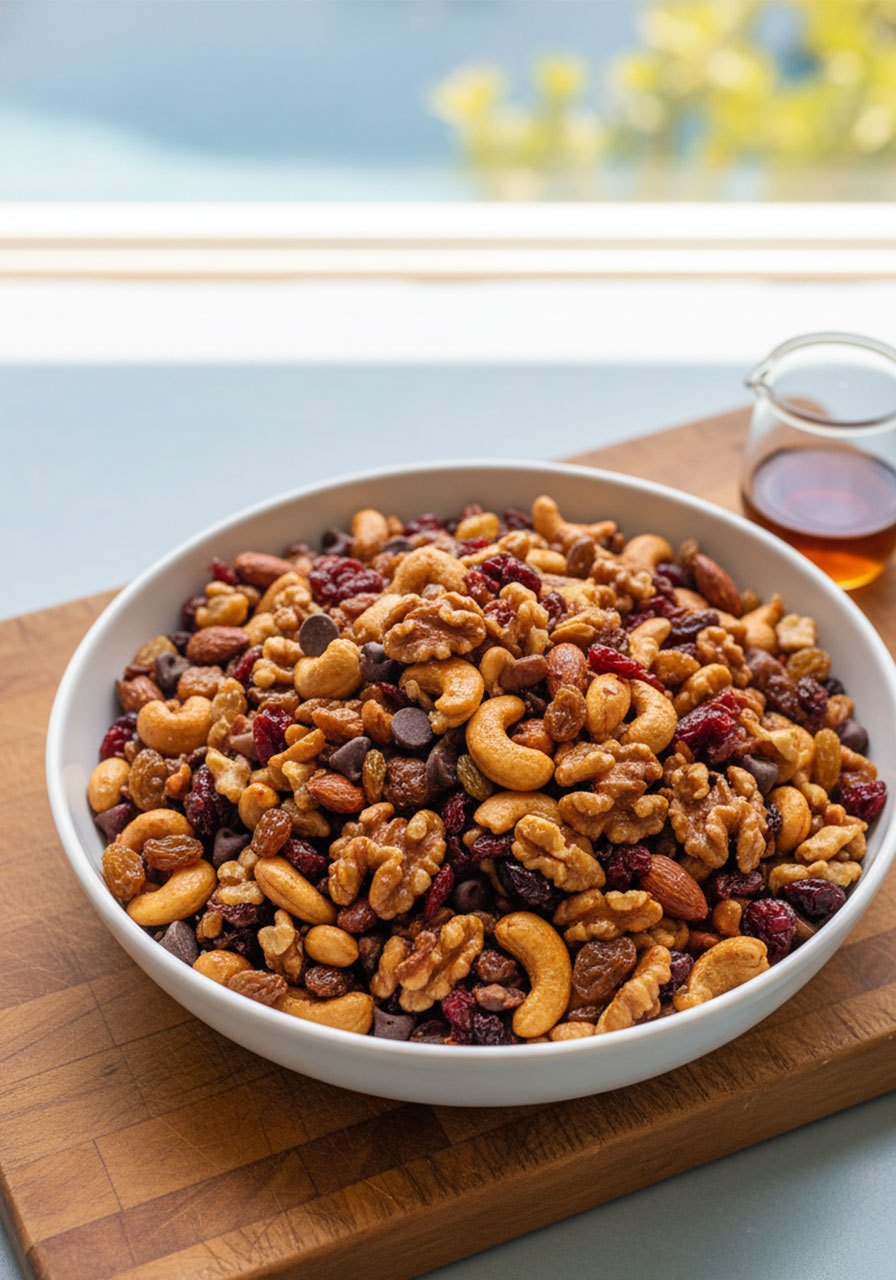 Homemade roasted trail mix with maple-glazed nuts, dried cranberries, and chocolate chips in a white bowl — healthy pool party snack for kids