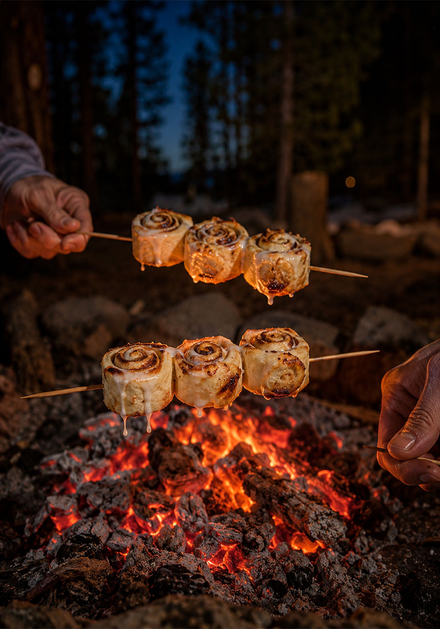 Campfire cinnamon roll-ups on skewers being roasted over glowing campfire embers at night