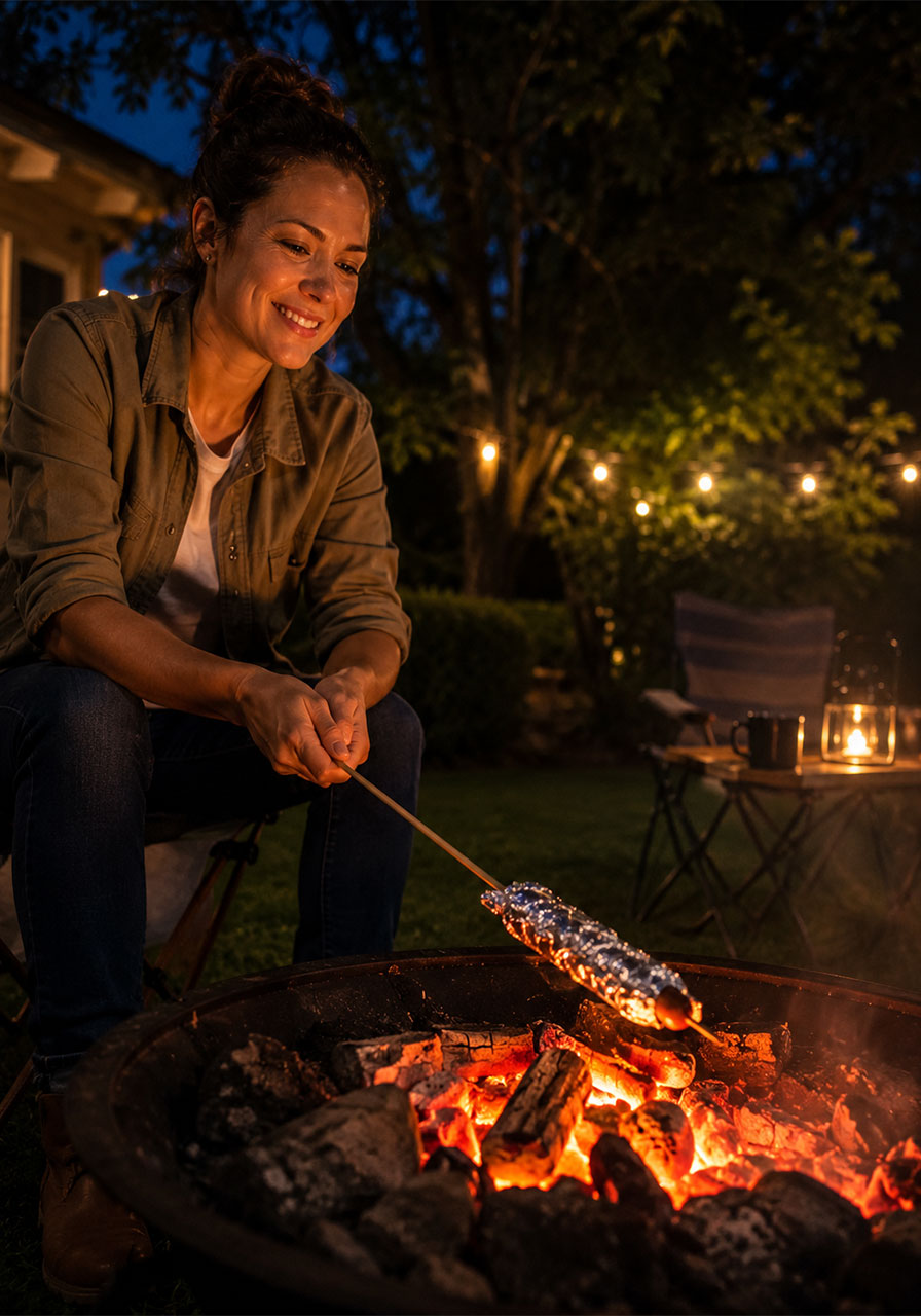Woman roasting a foil-wrapped crescent hot dog over glowing campfire embers on a stick in a backyard fire pit