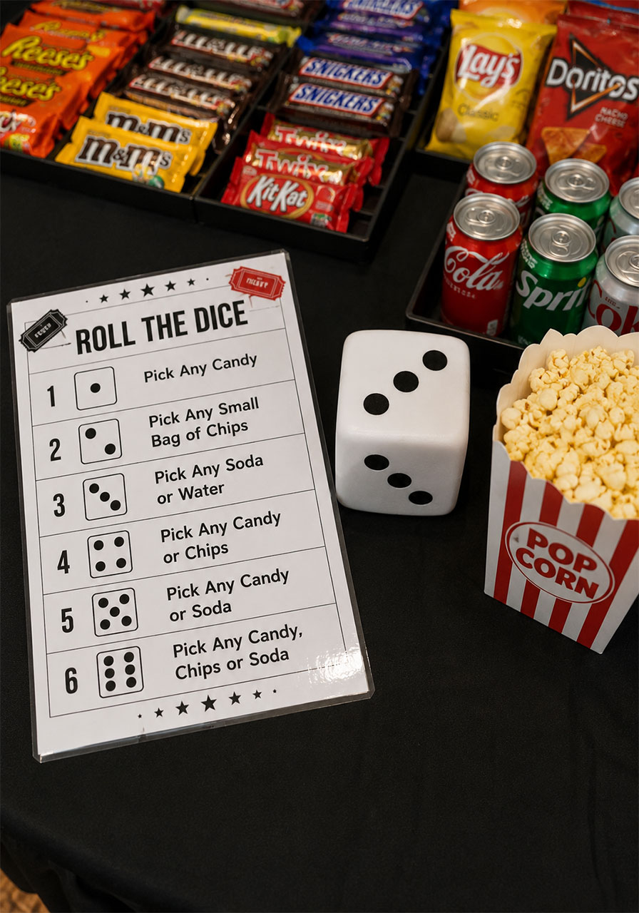 Roll the dice concession stand challenge game setup with printed rules chart and dice at a movie theater birthday party