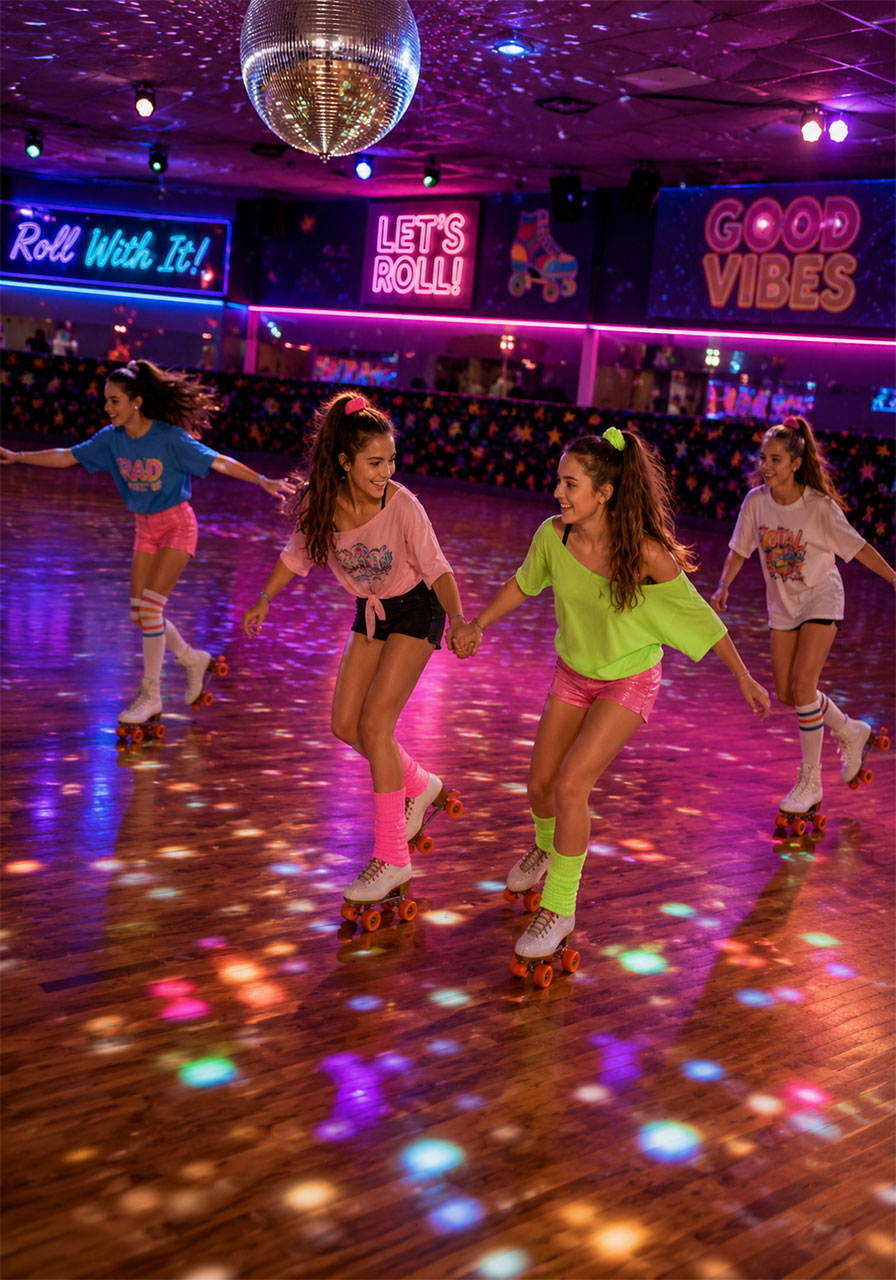 Teen girls roller skating at retro disco birthday party with neon lights and disco ball at skating rink