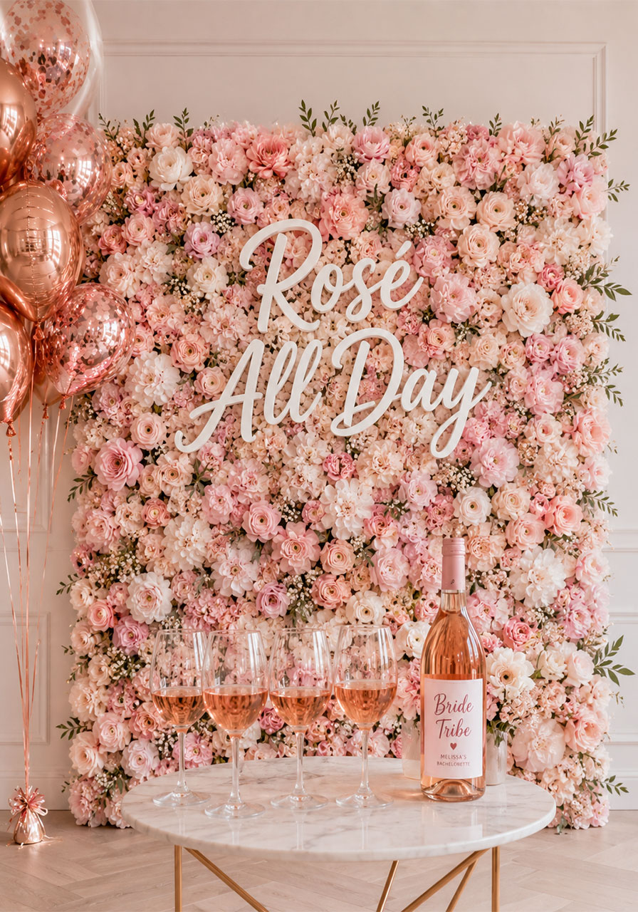 Rosé All Day bachelorette party decorations with DIY pink floral wall, custom rosé bottles, and rose gold balloons