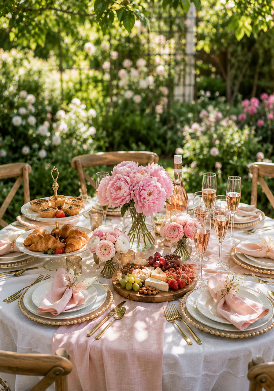 Elegant outdoor rosé brunch party table with peonies, champagne flutes and tiered food stand