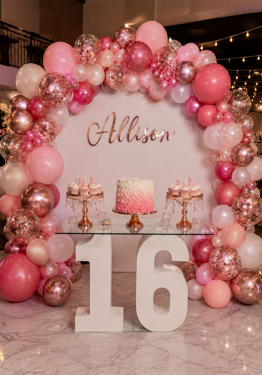 Rose gold balloon garland arch with blush pink and chrome balloons framing a Sweet 16 dessert table