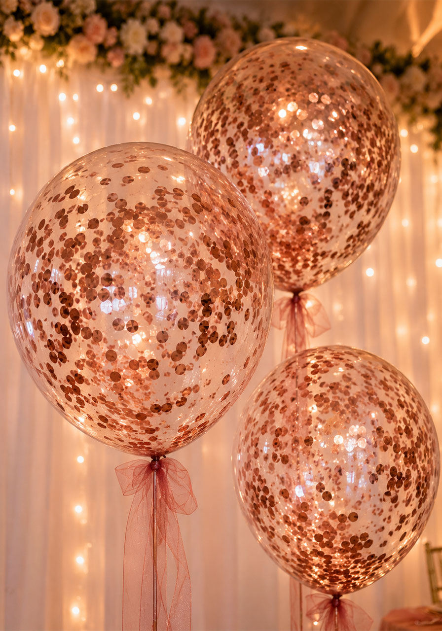 Rose gold confetti balloons with metallic confetti clinging to the inside for a rose gold Sweet 16 birthday party