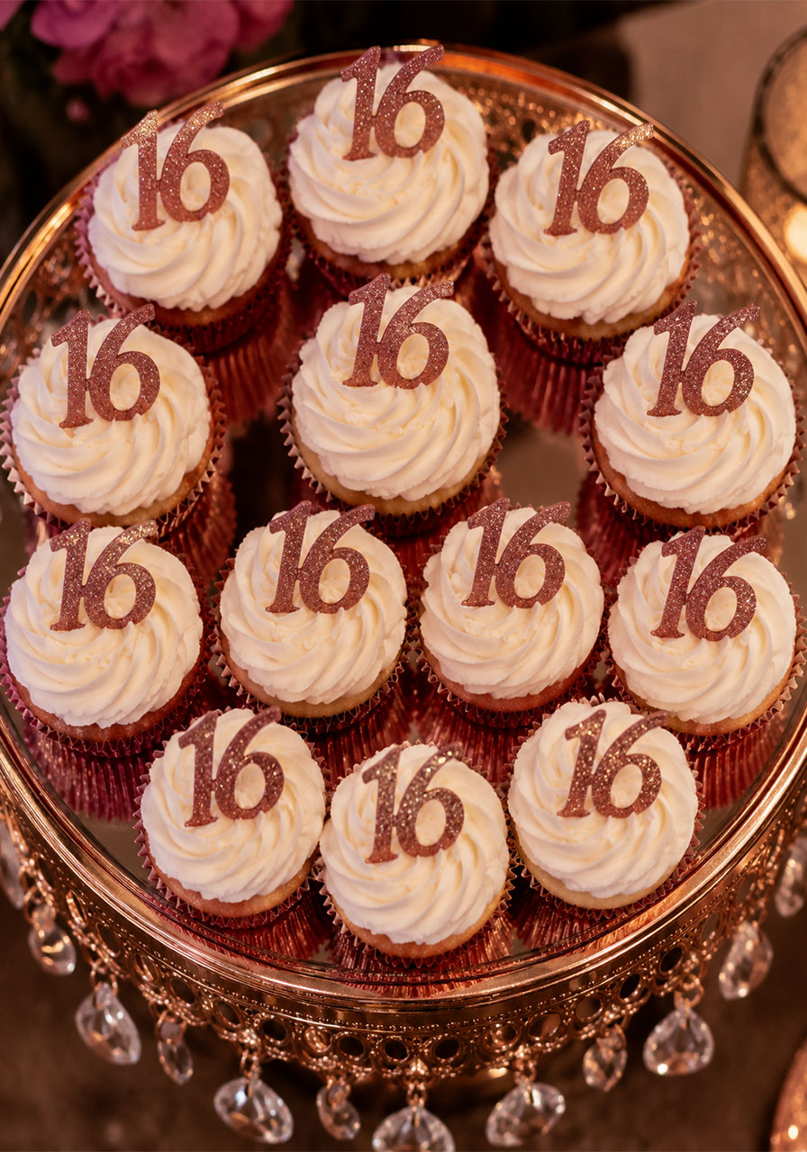 Rose gold glitter number 16 cupcake toppers on white buttercream cupcakes displayed on a chandelier stand for a Sweet 16