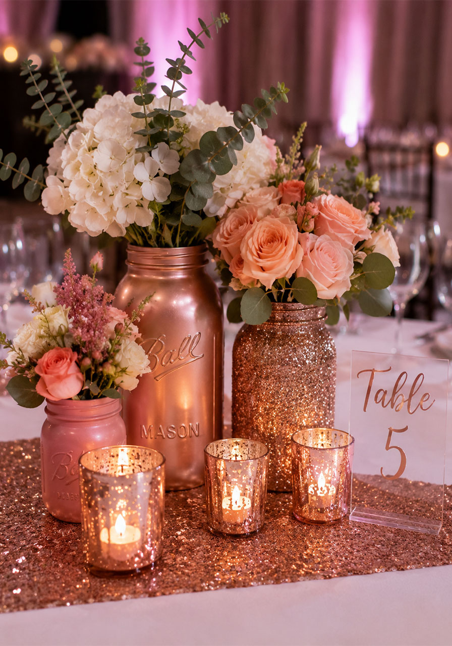 Rose gold painted mason jar centerpiece with blush roses and hydrangeas on a sequin runner for a Sweet 16 party table