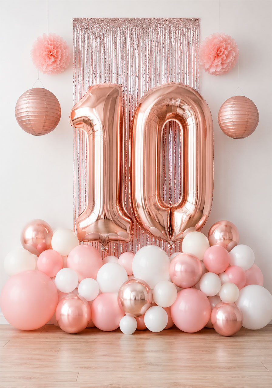 Giant rose gold foil number 10 balloons surrounded by blush pink and white mixed balloon display with paper lanterns for a 10th birthday backdrop