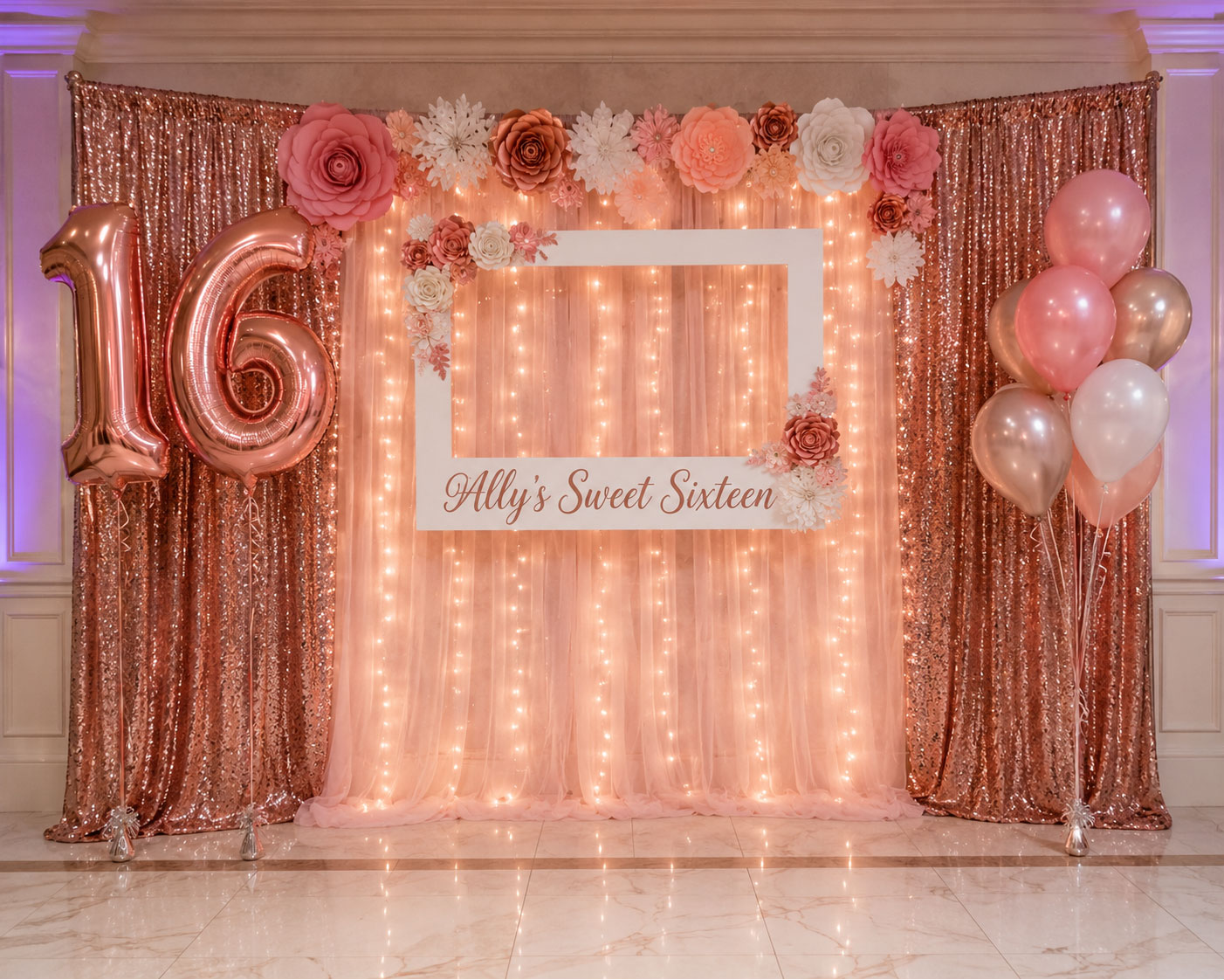 Rose gold sequin photo booth backdrop with fairy lights, number 16 balloons, and custom Sweet Sixteen frame prop