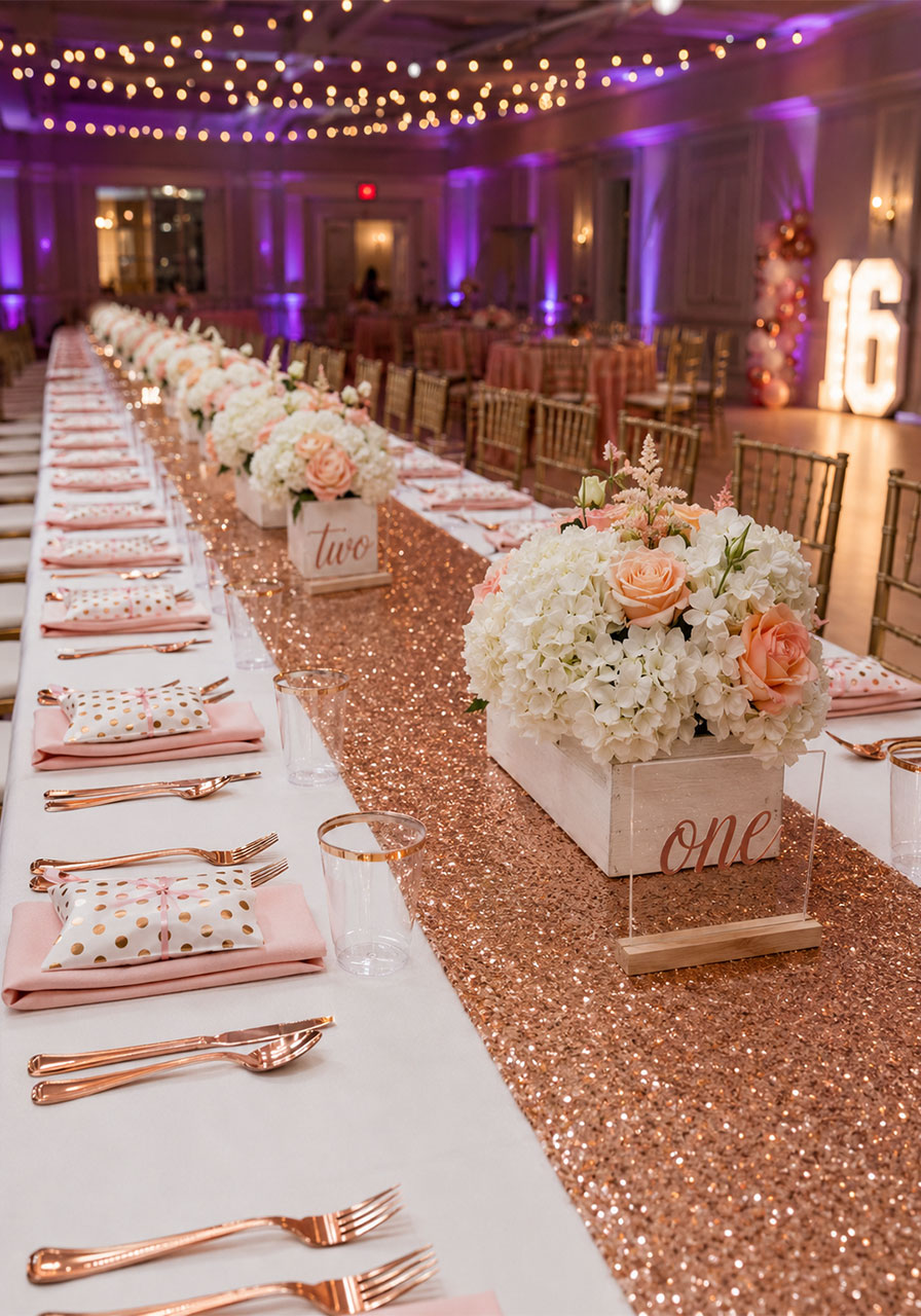 Rose gold sequin table runner down a long banquet table with floral centerpieces and place settings for a Sweet 16 party