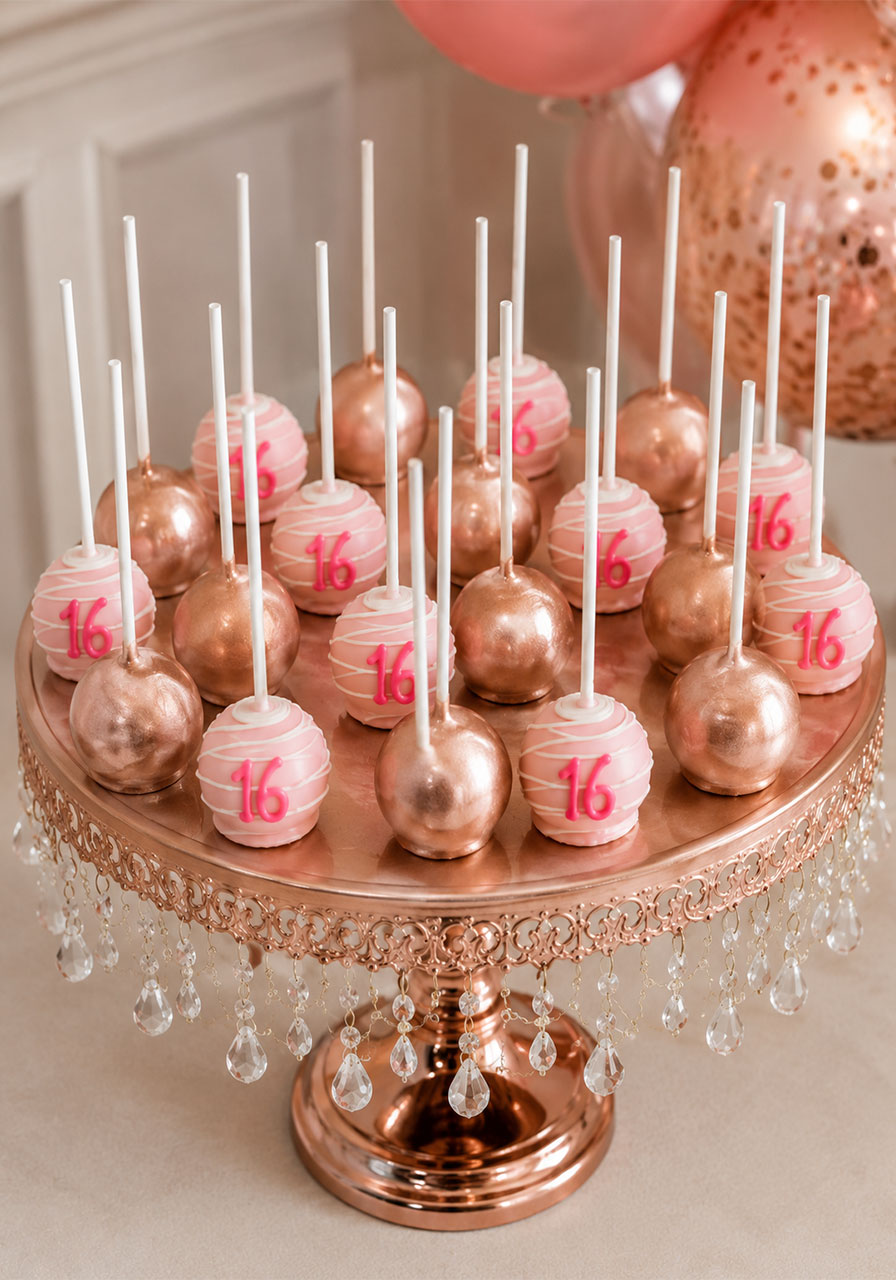 Rose gold metallic and pink cake pops with number 16 detail displayed on a chandelier cake stand for a Sweet 16 party