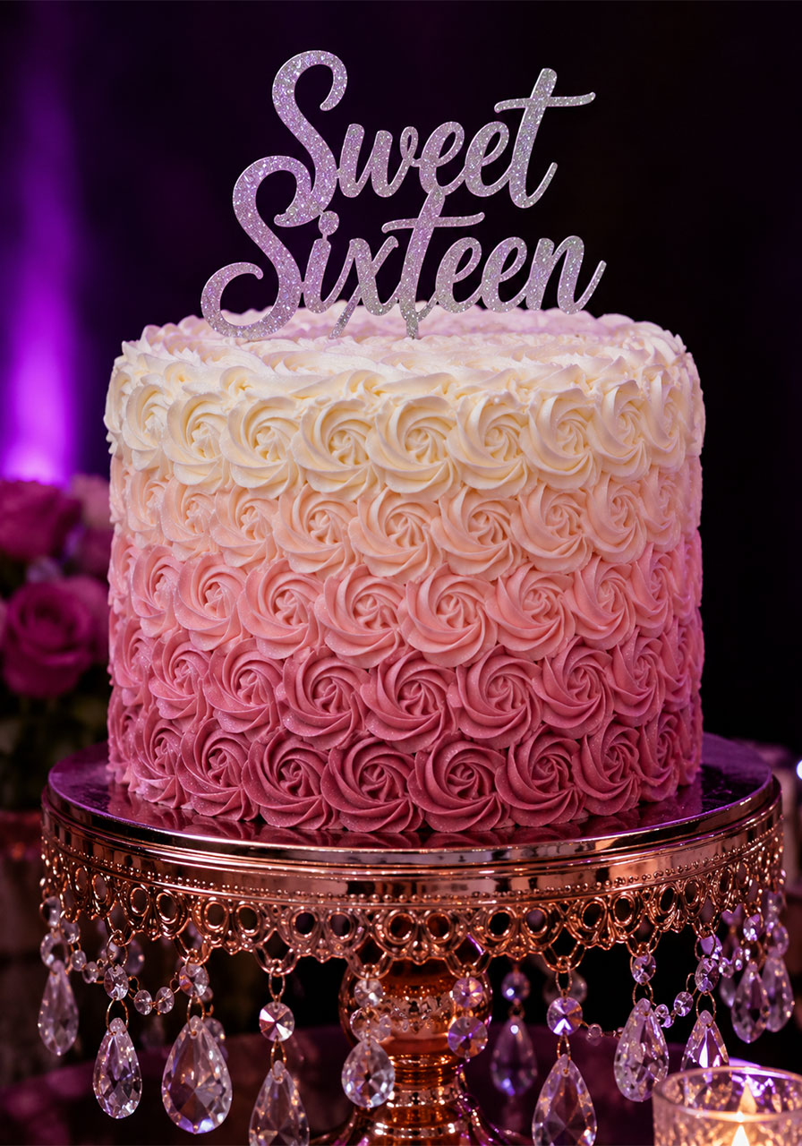 Ombre buttercream rosette Sweet 16 birthday cake in dusty rose to white gradient with glitter Sweet Sixteen topper