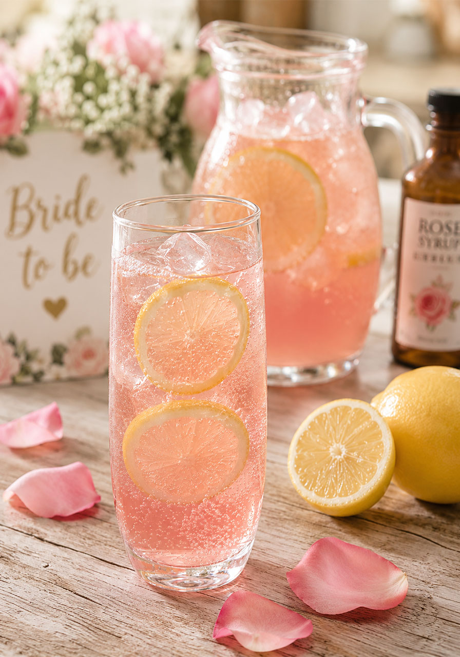 Pale blush rose lemonade mocktail in a clear glass with lemon slices and rose petals for a bridal shower