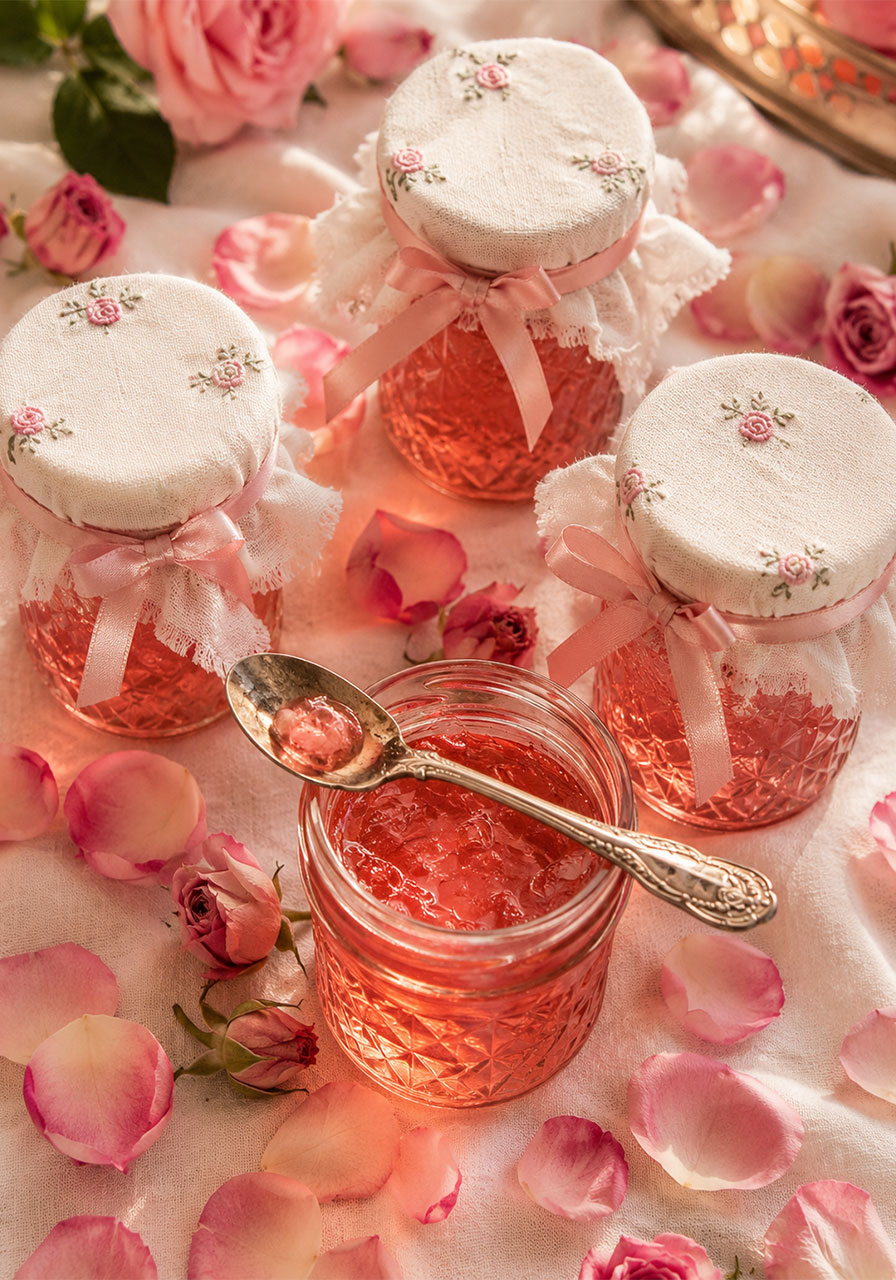 Homemade rose petal jelly in vintage glass jars with ribbon ties for a vintage tea party favor