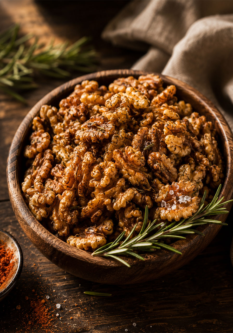 Roasted rosemary and cayenne walnuts in a rustic wooden bowl for a savory camping party snack