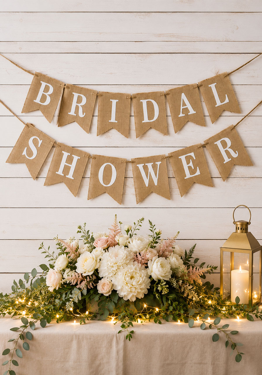 Rustic burlap Bridal Shower banner with white florals and string lights on a farmhouse wood wall backdrop