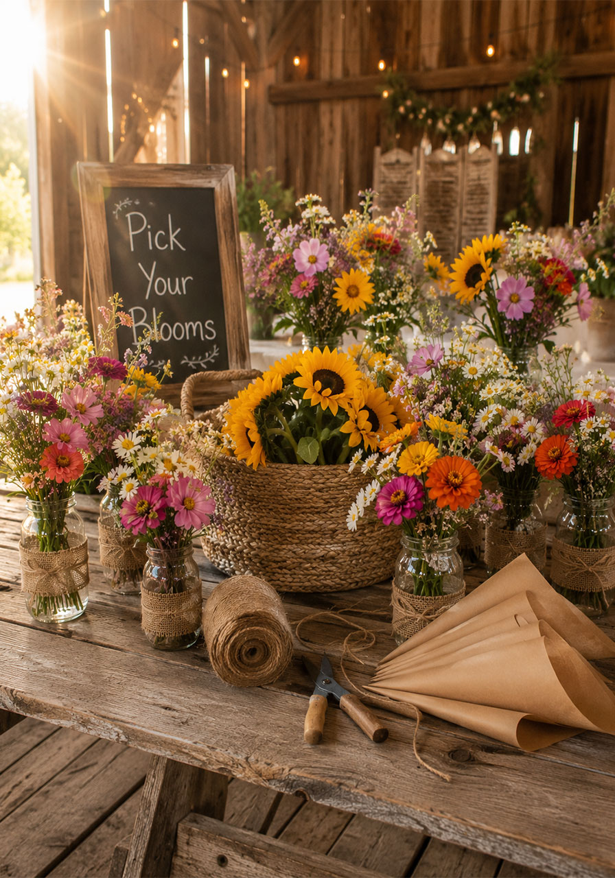 Rustic farmhouse bridal shower flower bar with mason jars zinnias sunflowers and chamomile on weathered wood table with burlap accents