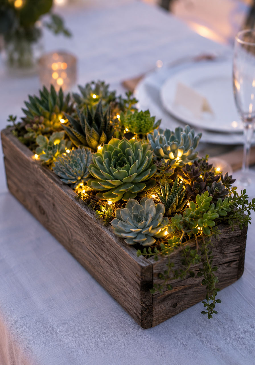 Rustic wooden planter box filled with green succulents and glowing warm white fairy lights as a cozy bridal shower table centerpiece