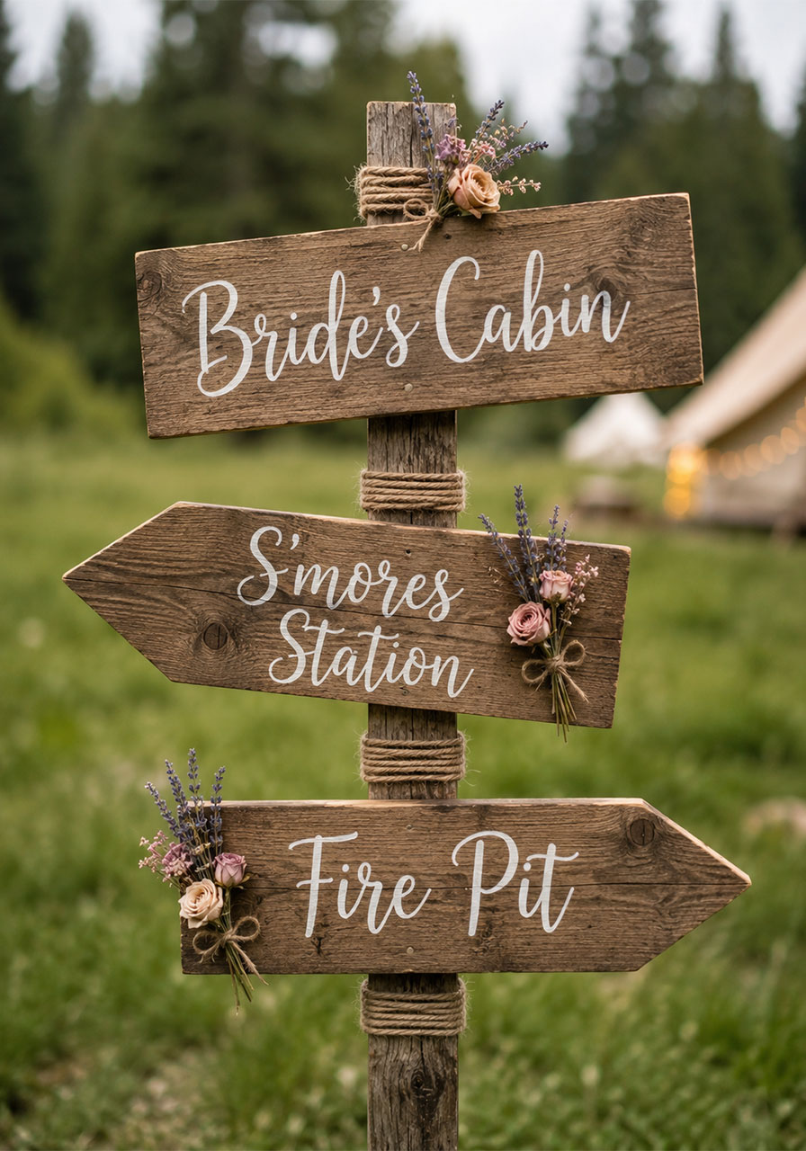 Rustic wooden directional sign post with Bride's Cabin, S'mores Station and Fire Pit arrows at camp bachelorette glamping party