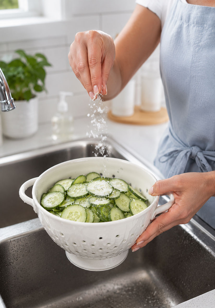 Woman salting thinly sliced cucumbers in a white colander over a kitchen sink to drain excess water before making creamy cucumber salad