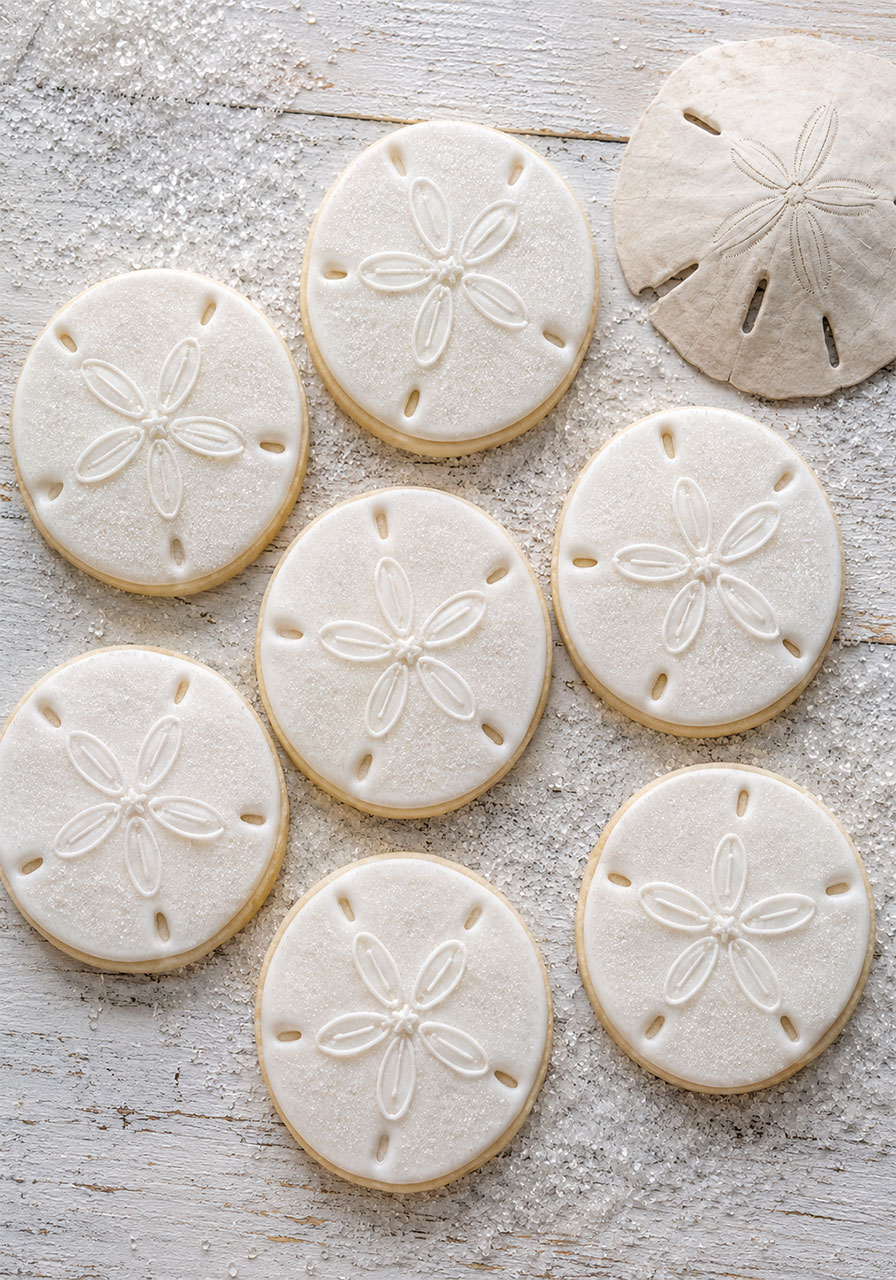 Hand-decorated sand dollar sugar cookies for an under the sea birthday party dessert table