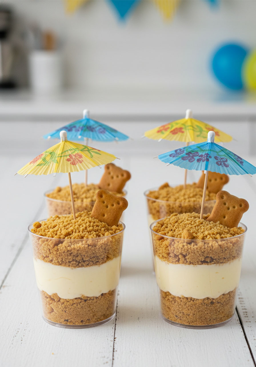 Sand pudding cups with crushed Golden Oreo layers and mini umbrellas — easy no-bake pool party dessert for kids