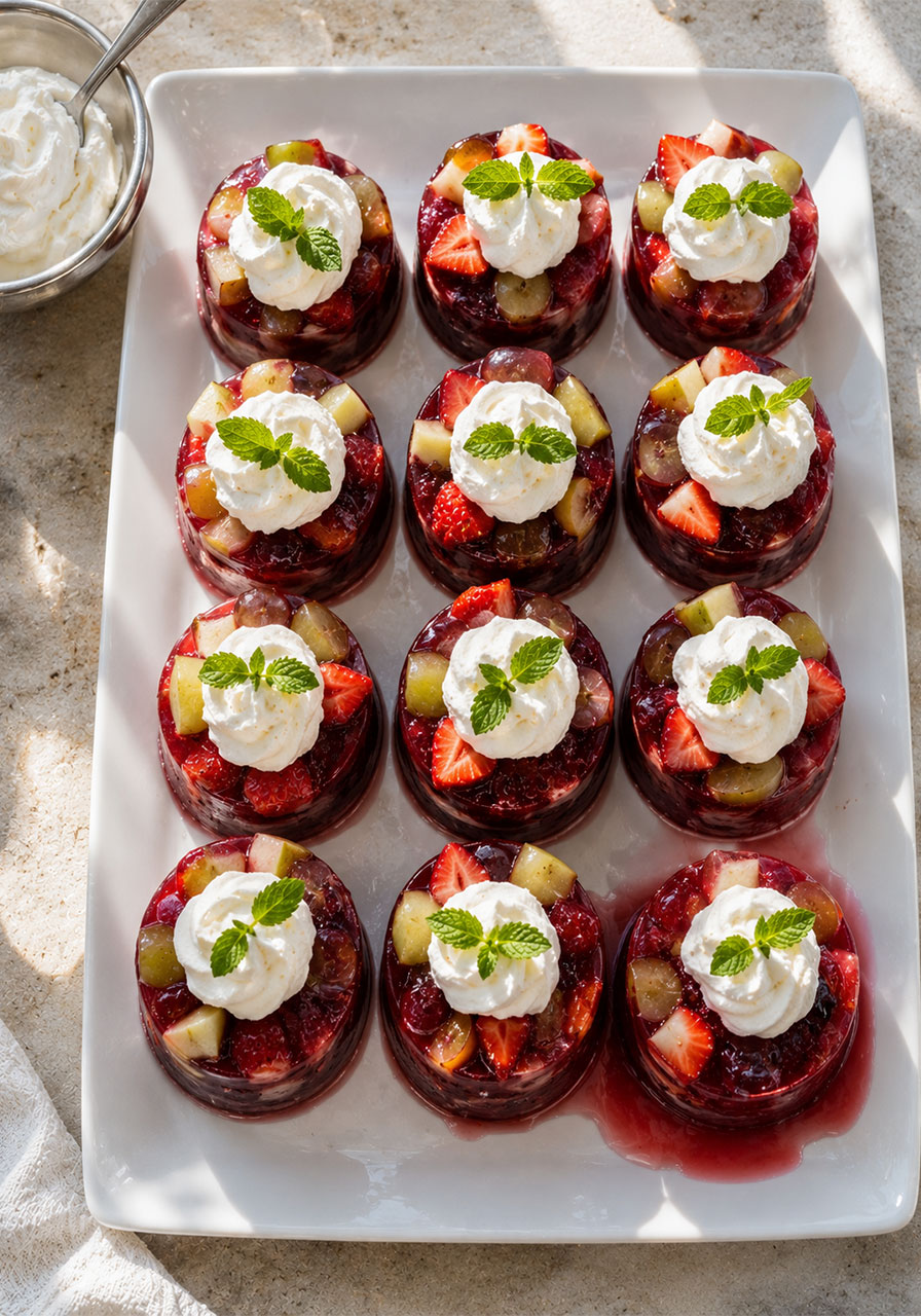Twelve jewel-toned frozen sangria fruit cups topped with mint whipped cream arranged on a white serving platter, with fruit pieces visible inside the frozen sangria