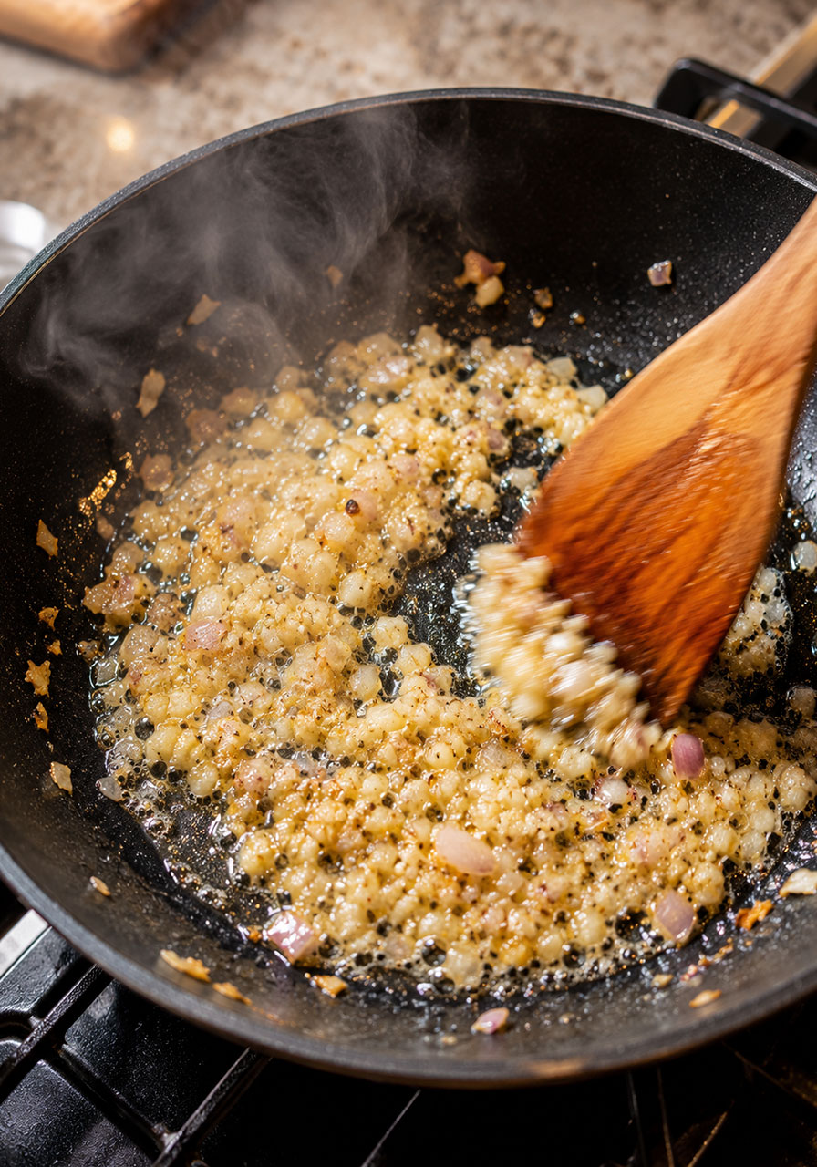 Garlic and shallot sautéing in butter for lemon orzo