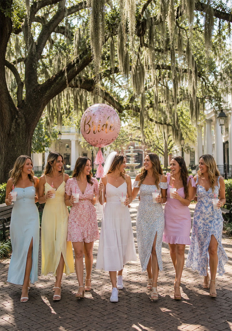Bachelorette party group in pastel dresses walking under Spanish moss in Savannah Georgia's historic square