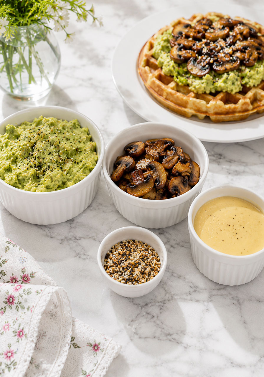 Savory waffle bar toppings with mashed avocado, caramelized mushrooms, and vegan cheese sauce