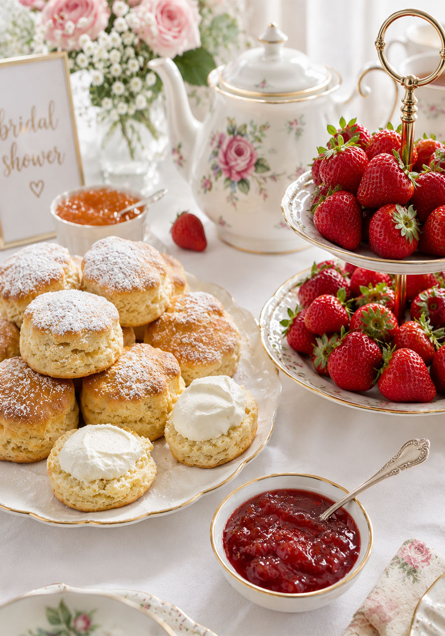 Golden scones with clotted cream and strawberry jam on an elegant white china plate at a bridal shower afternoon tea setting
