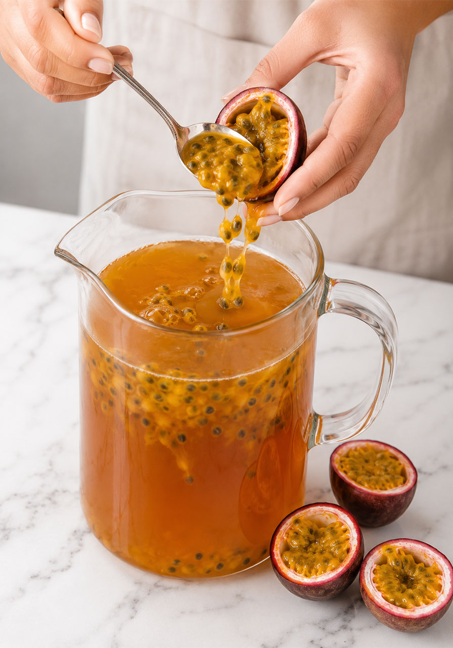 Scooping golden passion fruit pulp and black seeds from a halved passion fruit into a pitcher of black tea