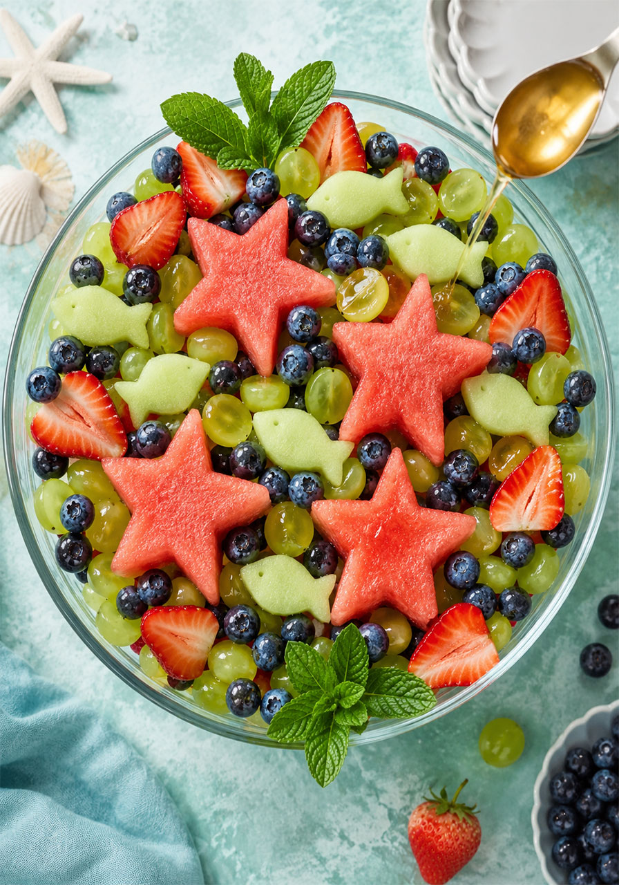 Watermelon starfish and honeydew fish fruit salad bowl for an under the sea kids birthday party