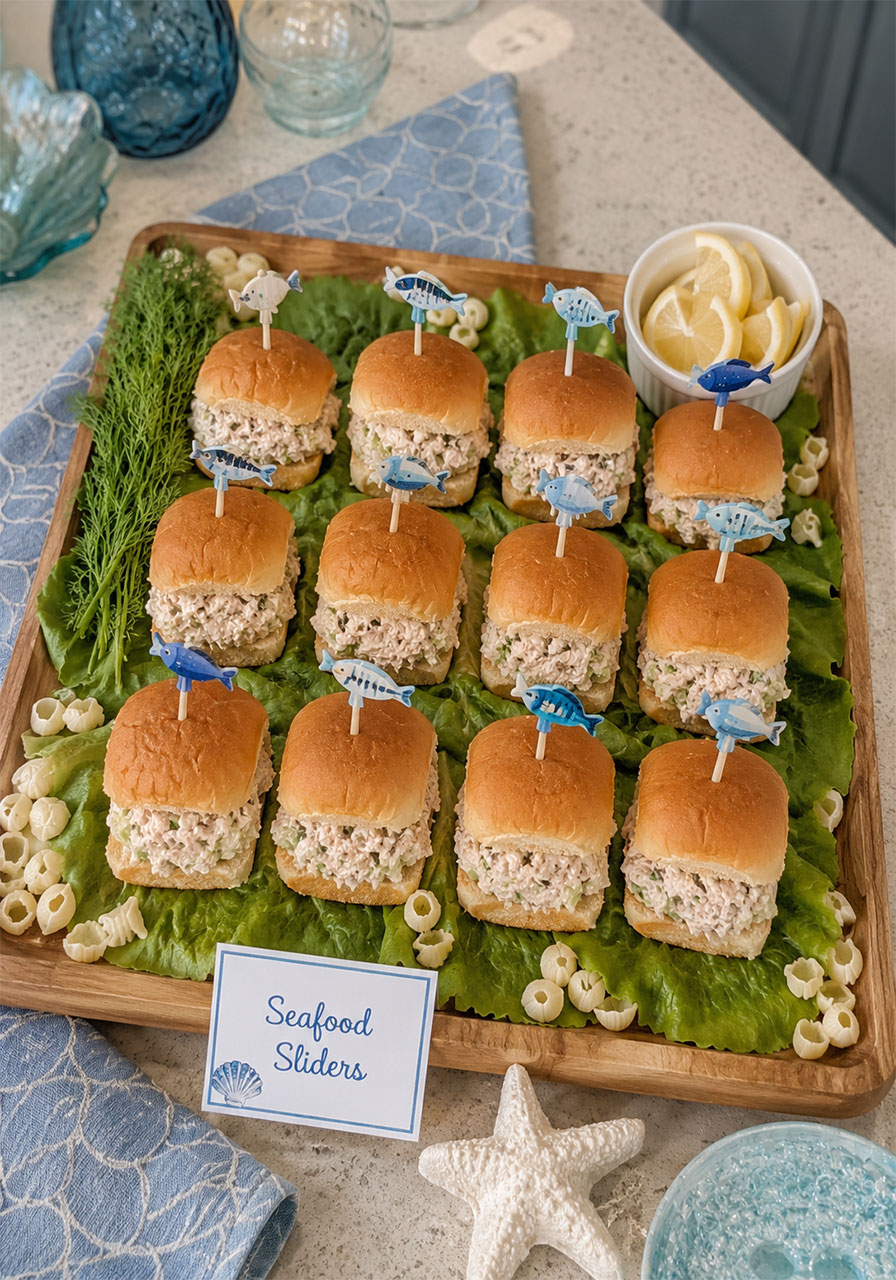 Tuna seafood salad Hawaiian mini rolls with fish picks for an under the sea birthday party food table