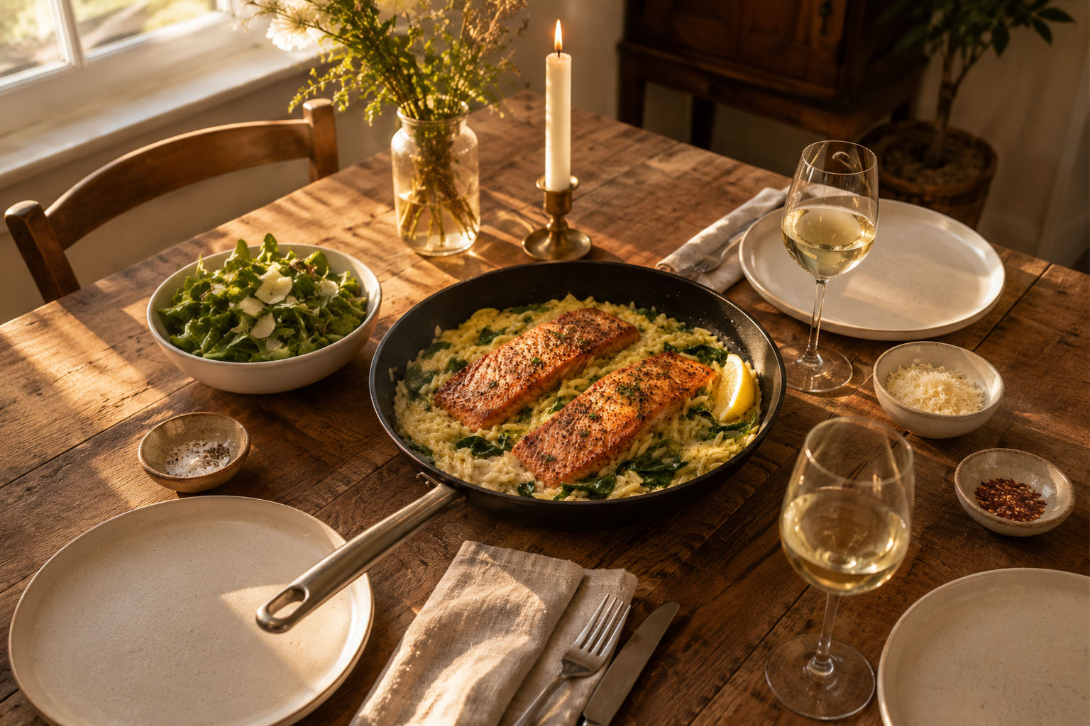 Skillet of seared salmon with lemon orzo served at a dinner party table