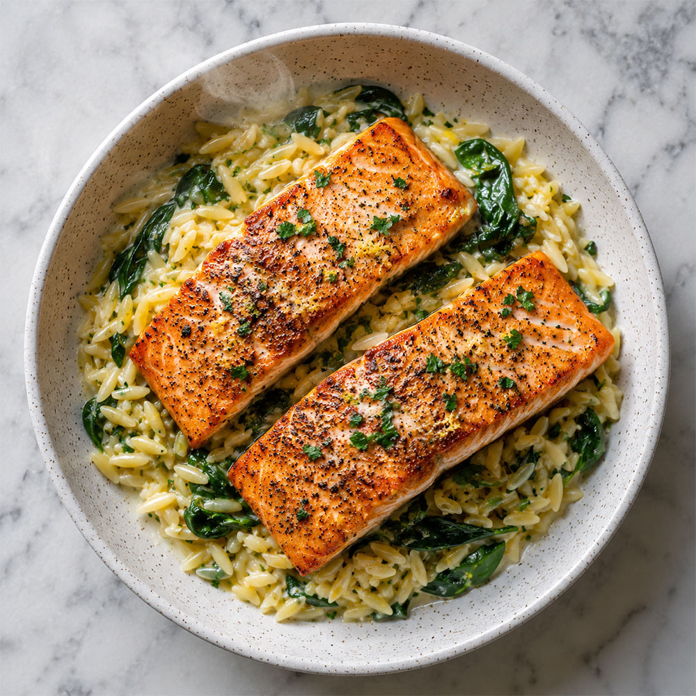 Overhead view of seared salmon with lemon orzo and spinach in a ceramic bowl
