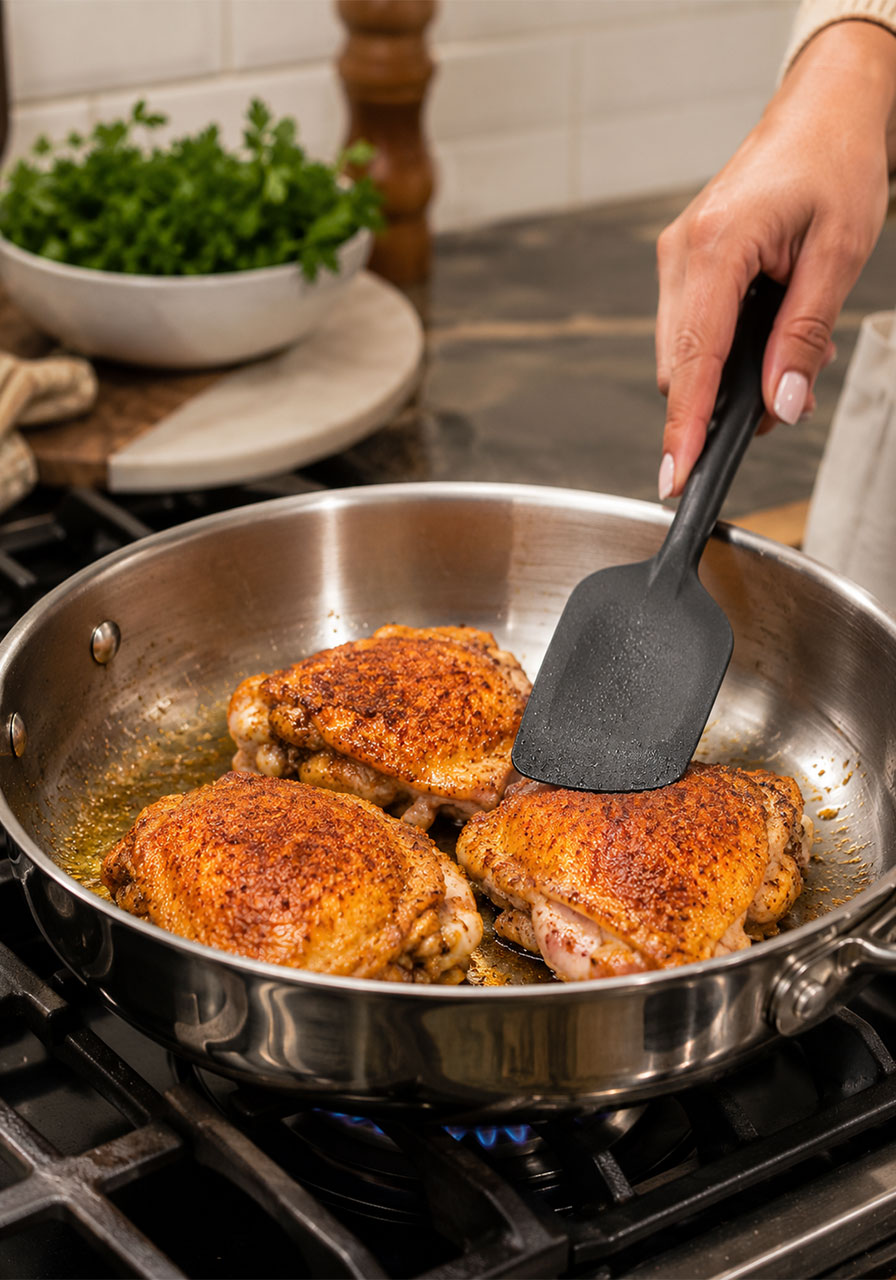 Chicken thighs searing in a skillet for one-pan honey BBQ chicken rice recipe