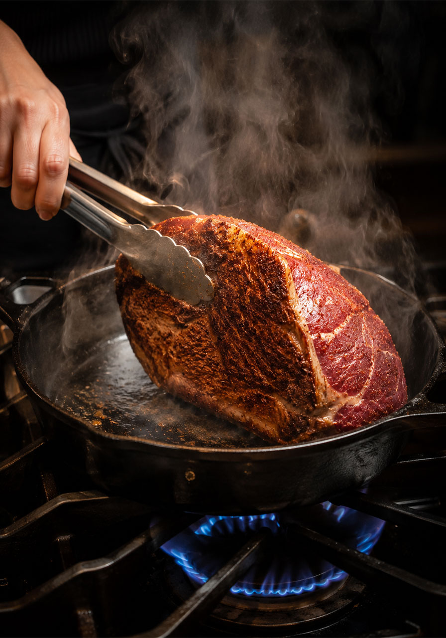 Boneless pork shoulder searing in a cast-iron skillet with golden crust forming, tongs gripping the meat as smoke rises, an optional but recommended step for crock pot pulled pork