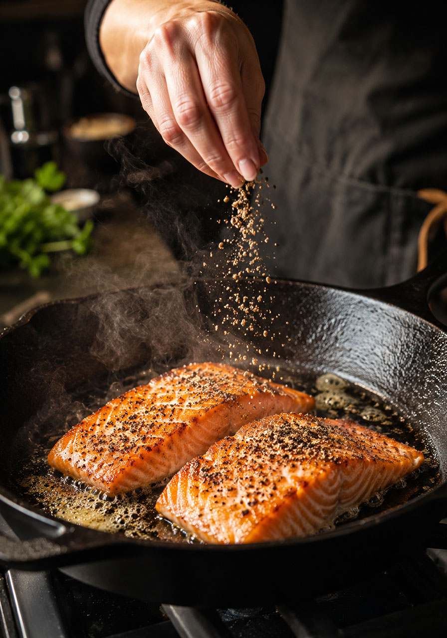 Salmon fillets searing in a cast iron skillet with cracked black pepper