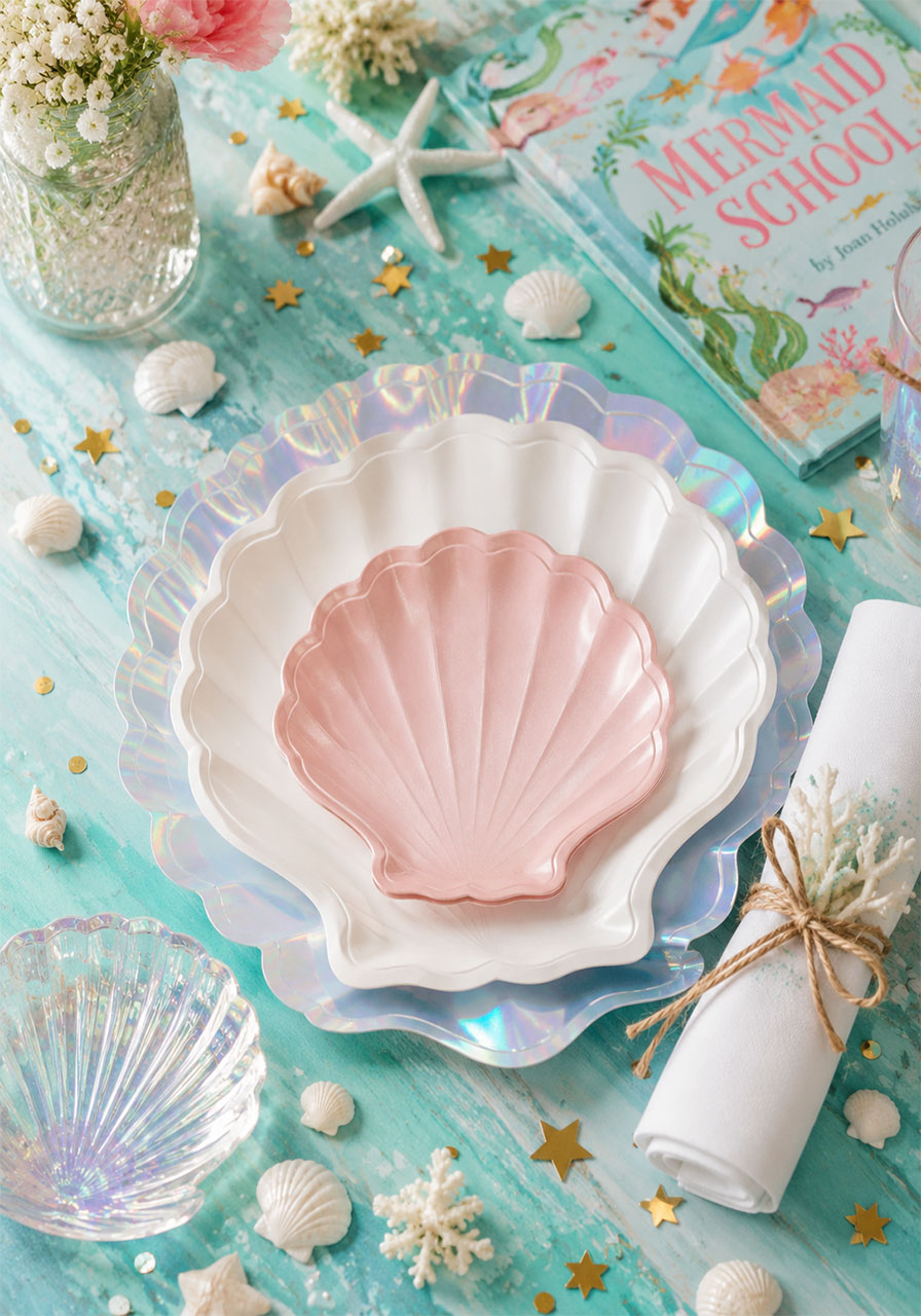 Seashell-shaped paper plates layered with iridescent charger plates for an under the sea birthday party table setting