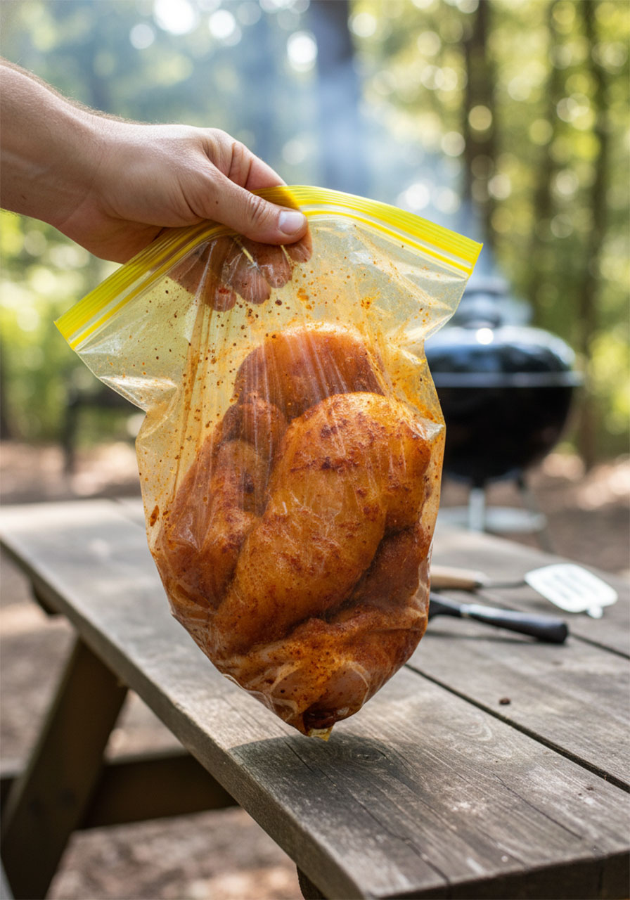 Raw chicken breasts coated in smoked paprika spice rub inside a Ziploc bag for baked BBQ chicken