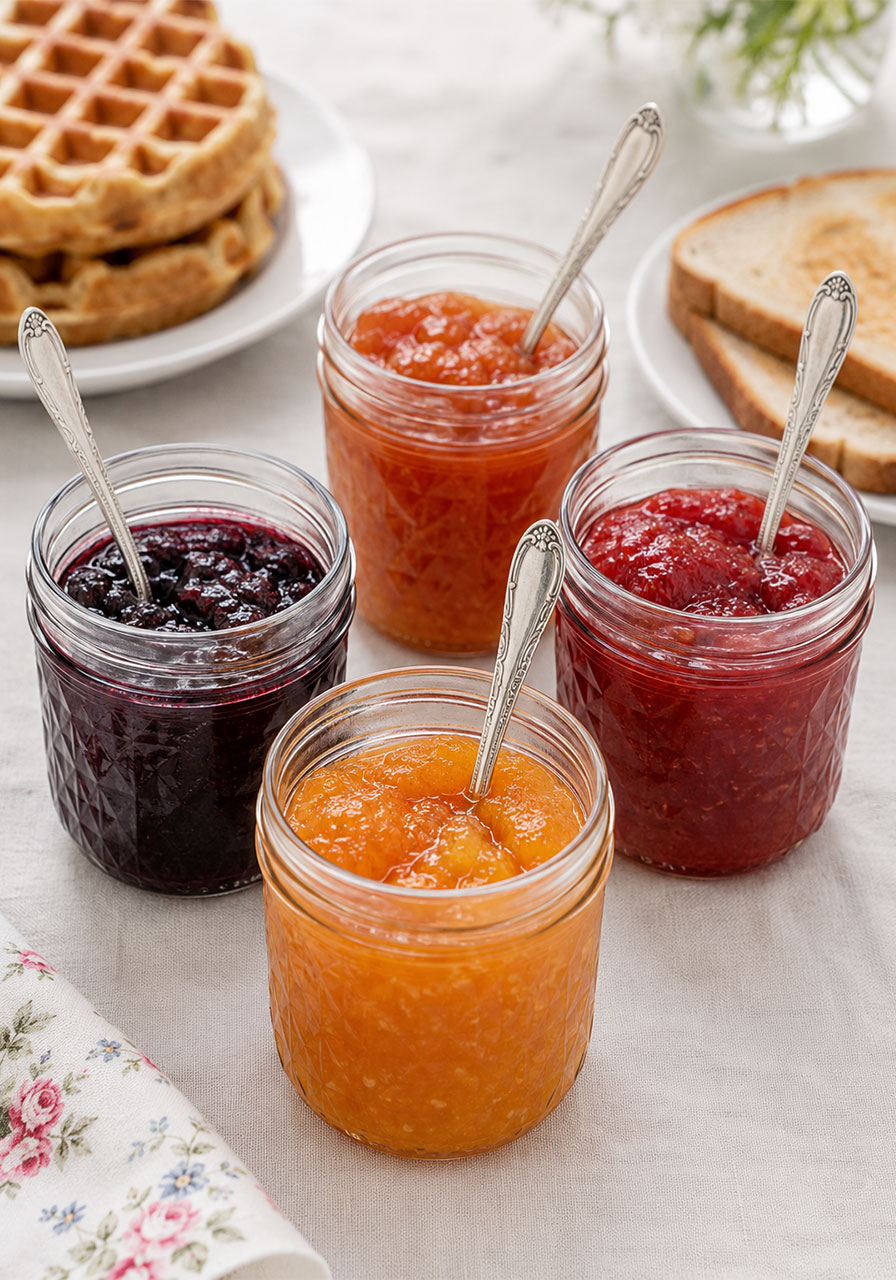 Four seasonal jam jars including strawberry, blueberry, and apricot for a waffle bar brunch