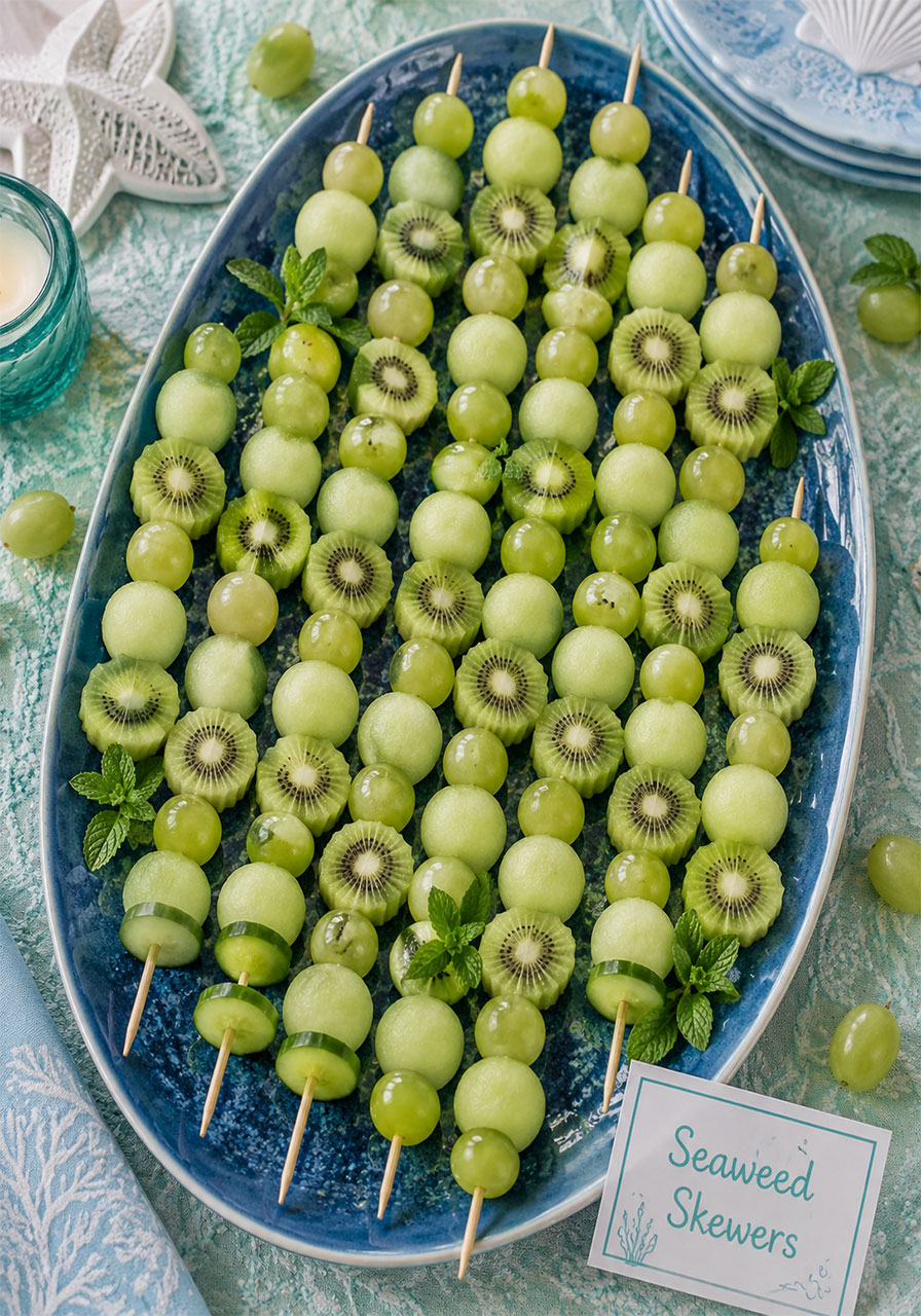 Green fruit seaweed skewers with grapes honeydew and kiwi for an under the sea birthday party