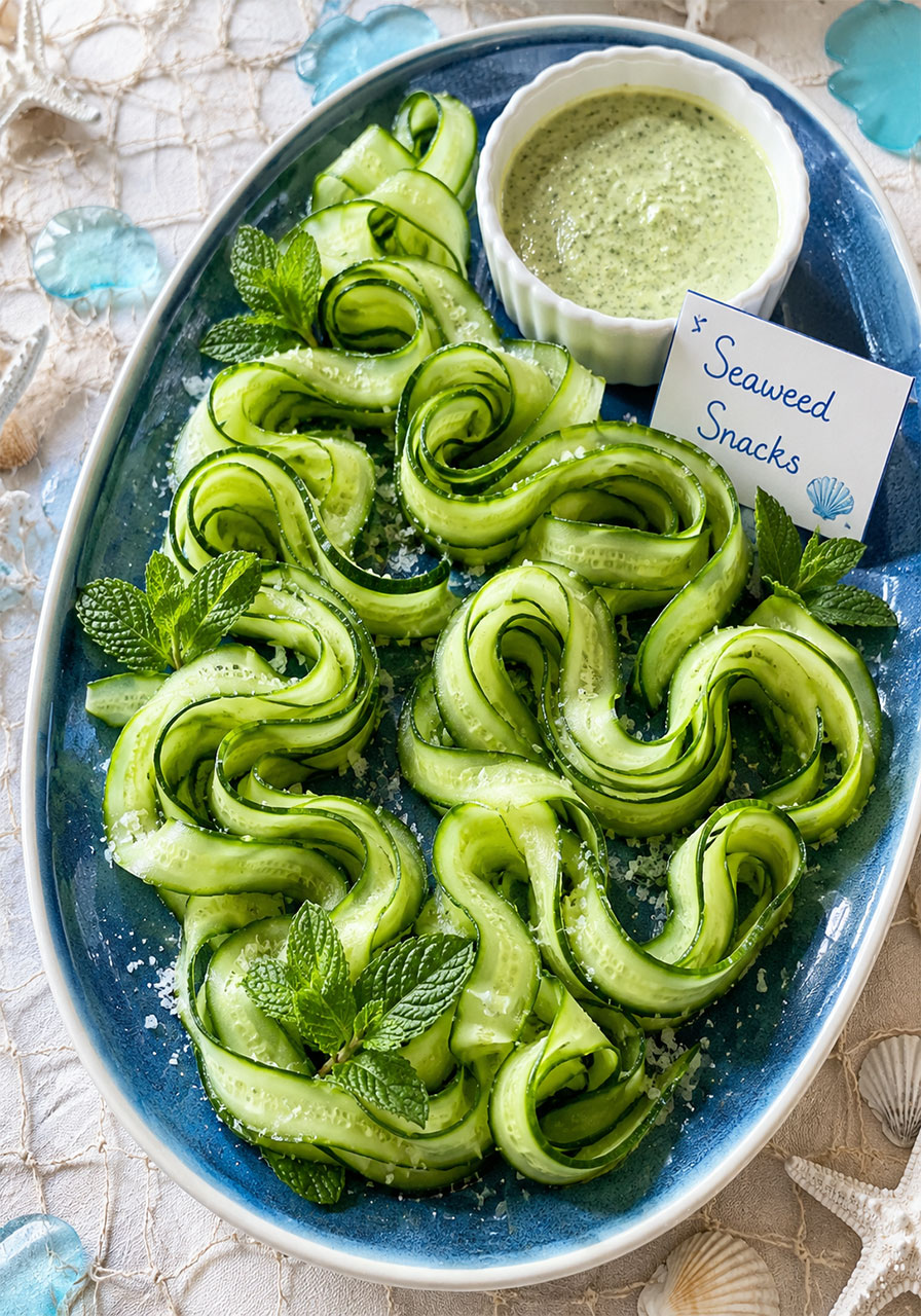 Cucumber spiral seaweed snacks on a blue platter for an under the sea birthday party food table