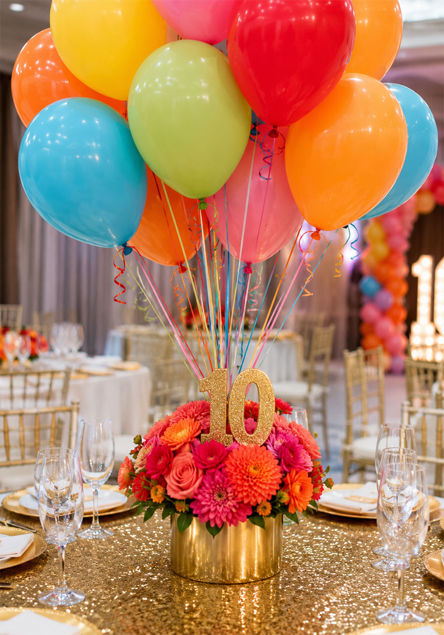 Rose gold sequin curtain backdrop with pink and gold organic balloon garland and gold number 10 balloons over a glam 10th birthday dessert table